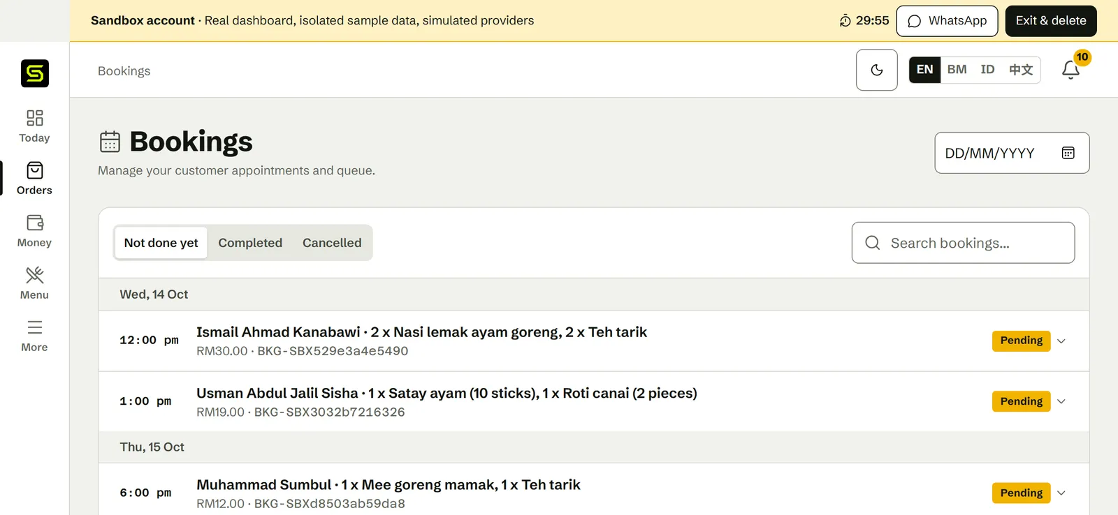 The owner’s order list in the SiniSlot dashboard: orders for Wednesday 14 October with each customer’s items, such as 2 x Nasi lemak ayam goreng and 2 x Teh tarik, the total and a Pending status.