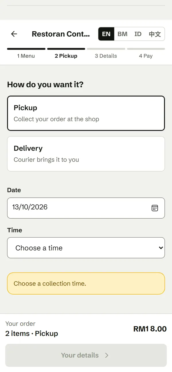 Choosing how to receive a food order on a phone: Pickup selected, Delivery as the other option, then a date and a collection time to choose.