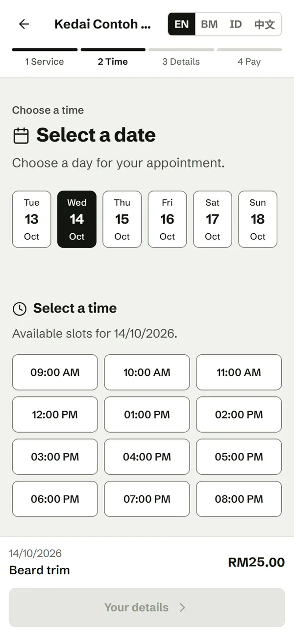 Choosing a time on a phone: dates from Tuesday 13 to Sunday 18 October with Wednesday 14 selected, and open time slots from 9:00 AM to 8:00 PM. The bar at the bottom shows Beard trim, RM25.