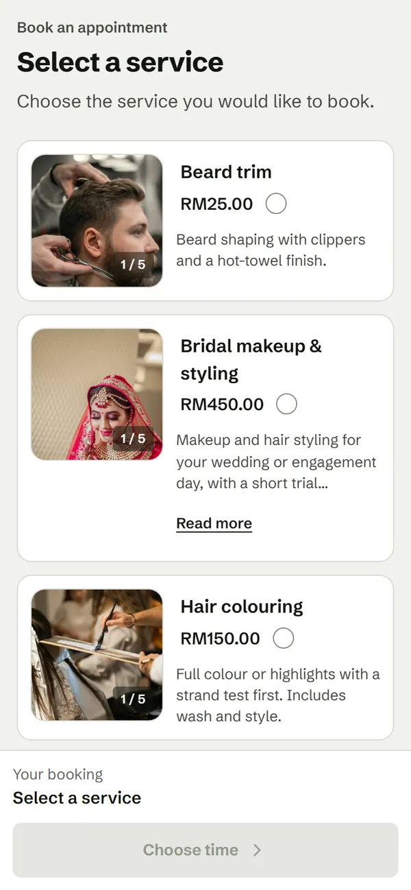 SiniSlot booking page on a phone: a list of services with photos and prices, such as Beard trim RM25, Bridal makeup and styling RM450 and Hair colouring RM150, each with a select button.